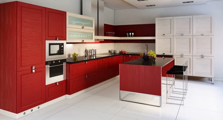 Piso porcelanato branco para cozinha vermelha